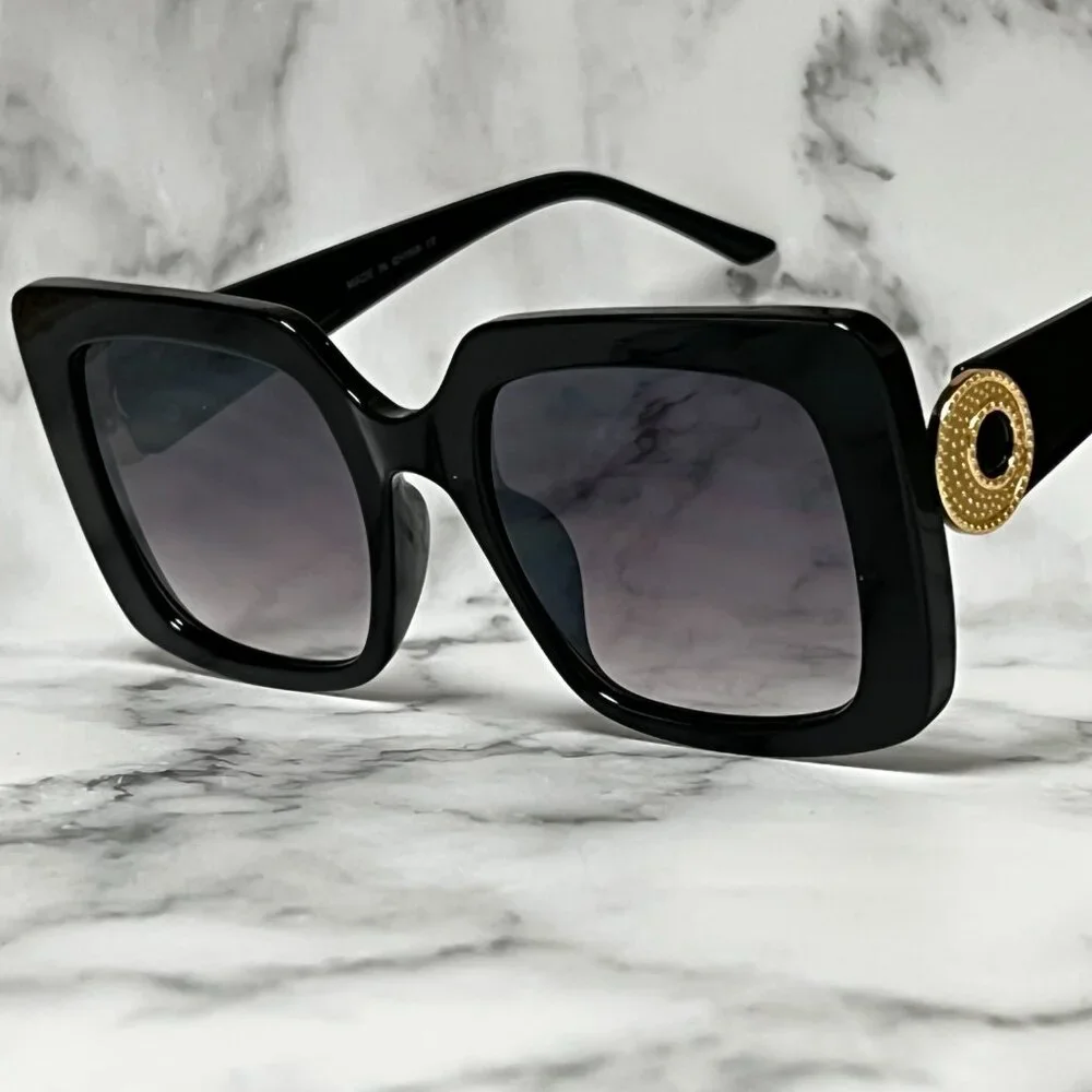 Women Sunglasses Fashion Black Frame Square Oversized Gold‎ Lentes Gafas Mujeres